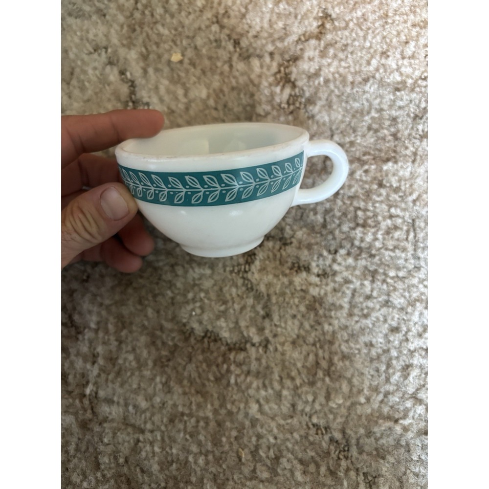 Vintage Pyrex Milk Glass Coffee Cup Blue Laurel Leaf Pattern Corning Tableware